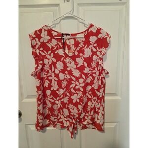 West Kei Top Women 3X Red Floral Blouse Twist Waist V-Neck Dolman Sleeve Woven